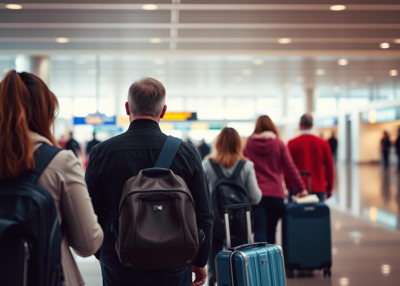 Travellers with luggage preparing to depart at an airport